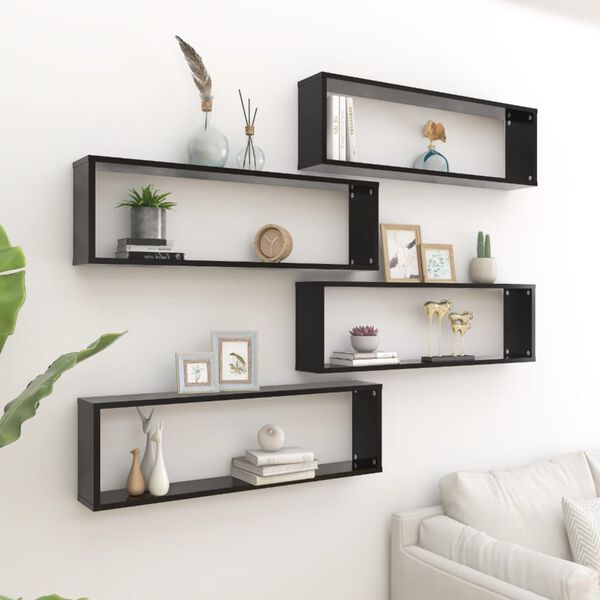 vidaXL Ράφια Κύβοι Τοίχου 4 τεμ. Μαύρα 100 x 15 x 30 εκ. Επεξ. Ξύλο