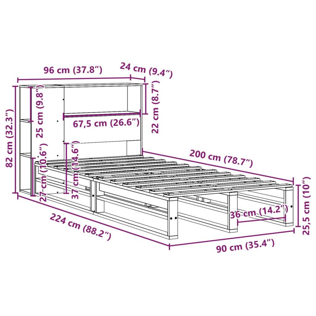 vidaXL Κρεβάτι Βιβλιοθήκη Χωρίς Στρώμα Λευκό 90x200 εκ Μασίφ Πεύκο