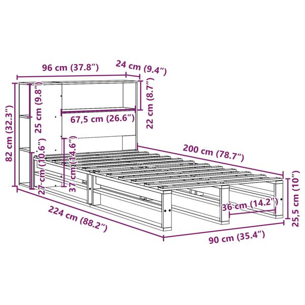 vidaXL Κρεβάτι Βιβλιοθήκη Χωρίς Στρώμα Λευκό 90x200 εκ Μασίφ Πεύκο