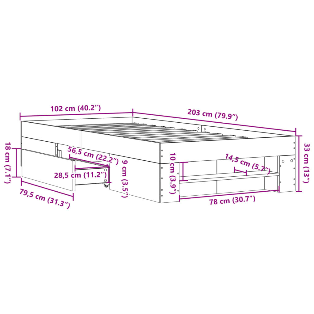 vidaXL Πλαίσιο Κρεβατιού Γκρι Σκυροδέματος 100x200 εκ. Επεξεργ. Ξύλο