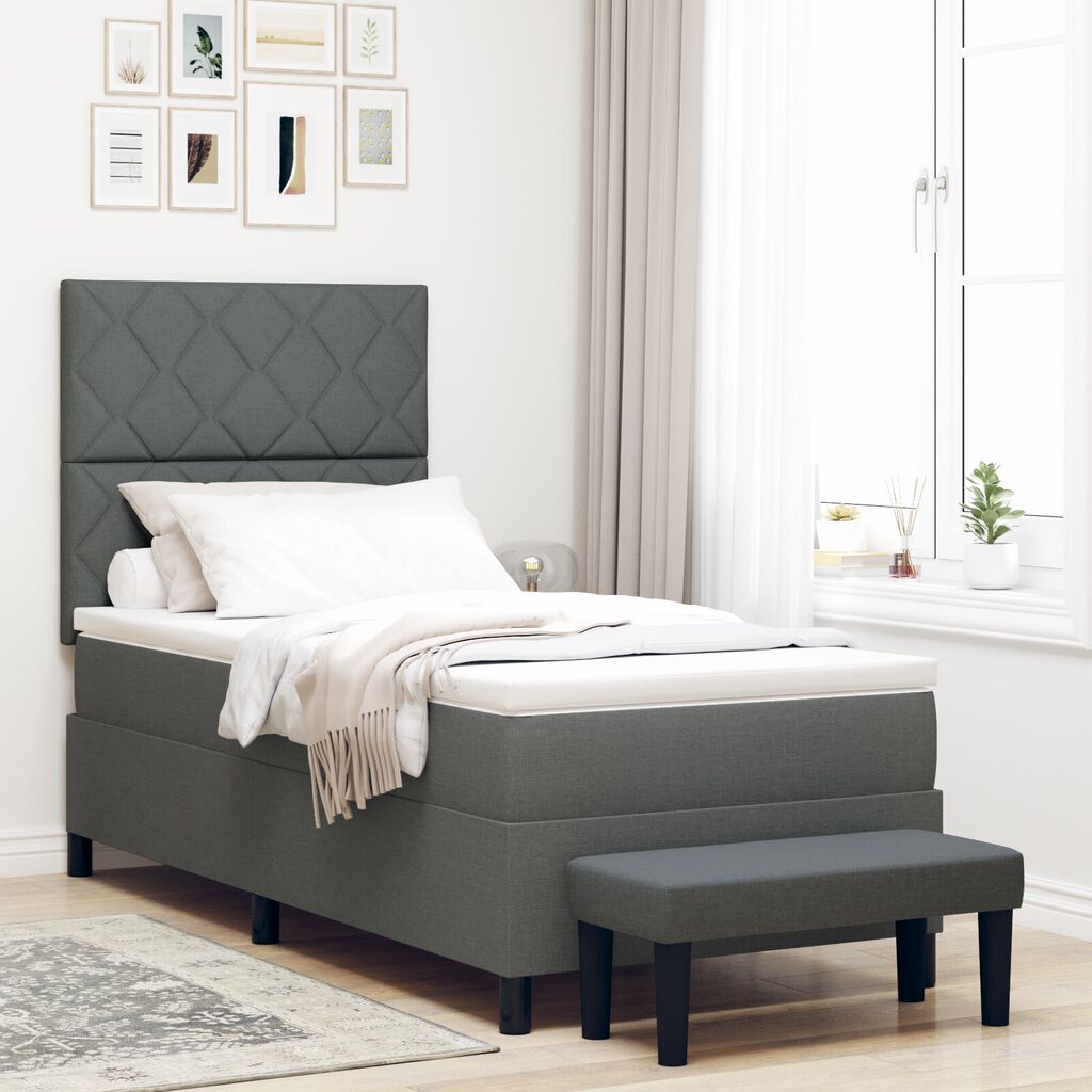 vidaXL Κρεβάτι Box Spring με Στρώμα & Πάγκο Σκούρο Γκρι 90x190 εκ Ύφασμα