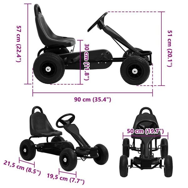 vidaXL Go Kart με Πετάλια και Λάστιχα Πεπιεσμένου Αέρα Μαύρο