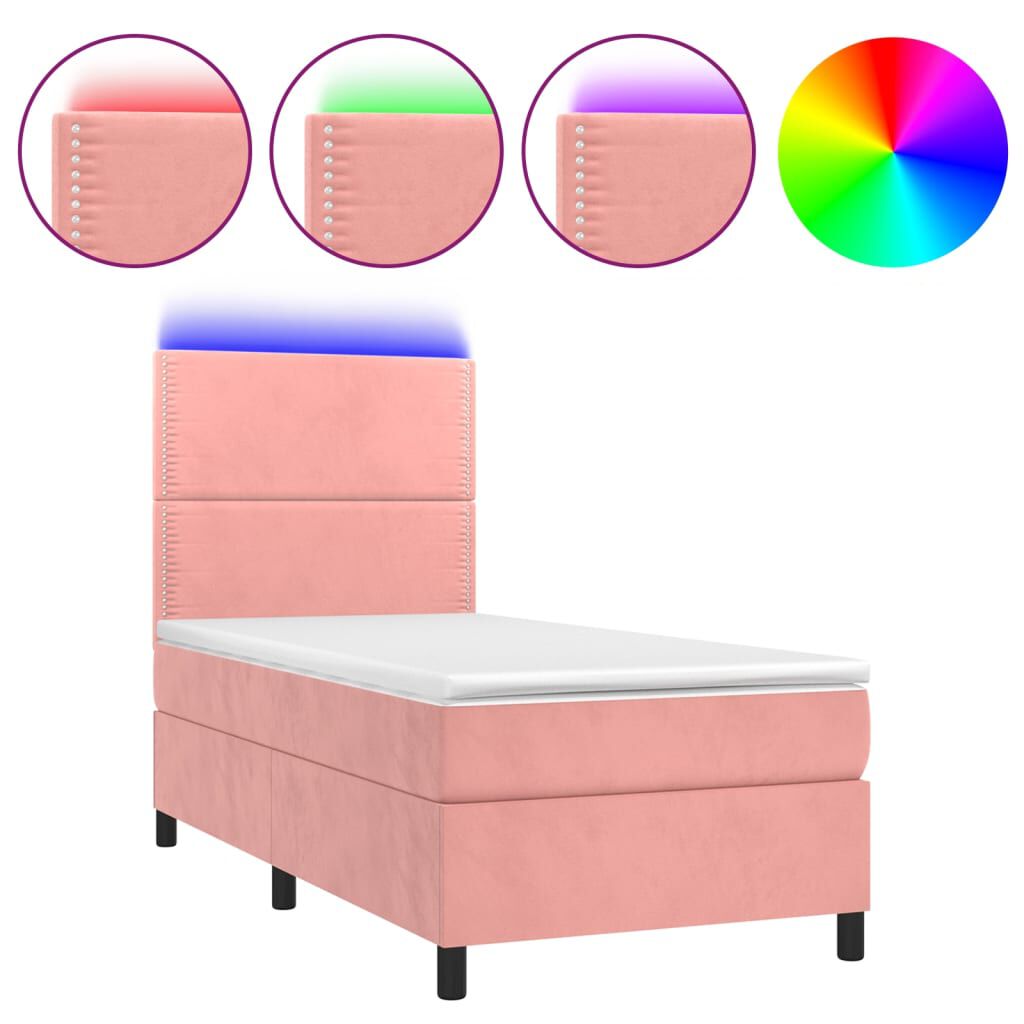 vidaXL Κρεβάτι Boxspring με Στρώμα & LED Ροζ 100x200 εκ. Βελούδινο