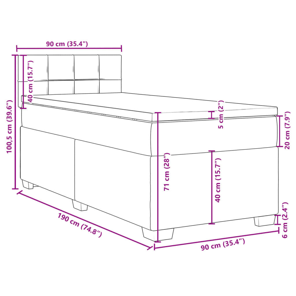 vidaXL Κρεβάτι Boxspring με Στρώμα Σκούρο Γκρι 90x190 εκ. Βελούδινο