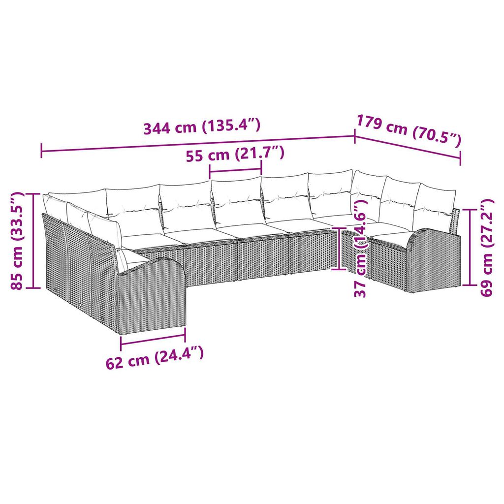 vidaXL Σετ Καναπέ Κήπου 10 pcs Μαύρο Πολυ ράταν