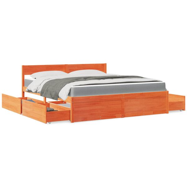 vidaXL Κρεβάτι με Συρτάρια+Στρώμα Καφέ 180x200 εκ. Μασίφ Ξύλο Πεύκου