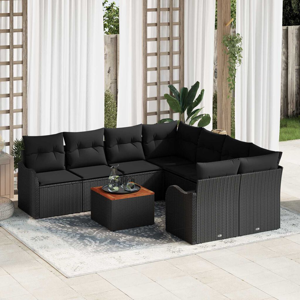 vidaXL Σετ Σοφάκι Κήπου 9 pcs Μαύρο Μεγάλο Ρατάν, Ξύλο