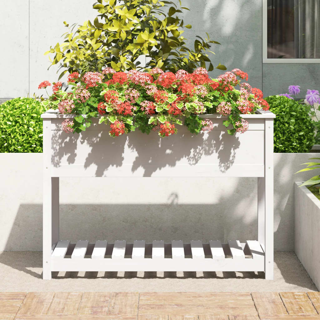 vidaXL Ζαρντινιέρα με Ράφι Λευκή 111,5x54x81 εκ. Μασίφ Ξύλο Πεύκου