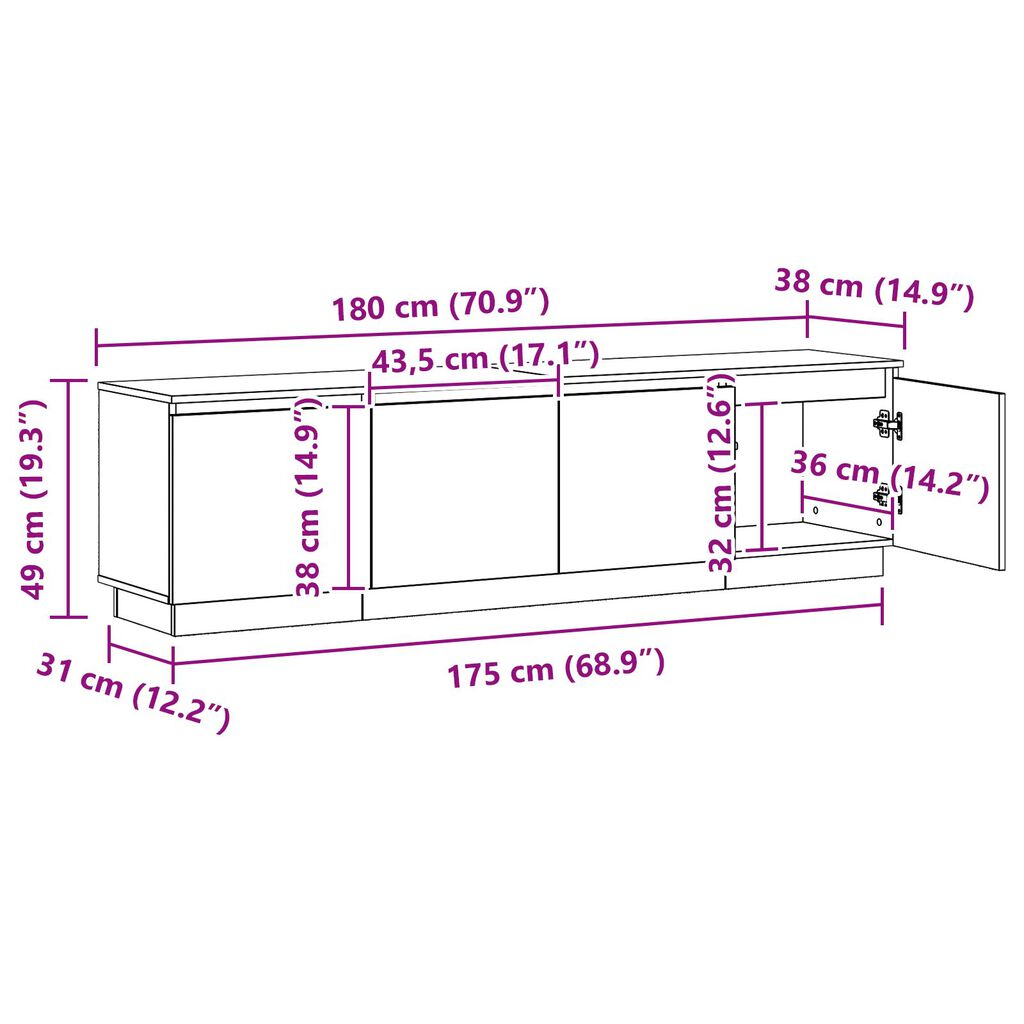 vidaXL Κονσόλα τηλεόρασης με LED Λευκή 180x38x49 εκ. Επεξεργασμένο ξύλο