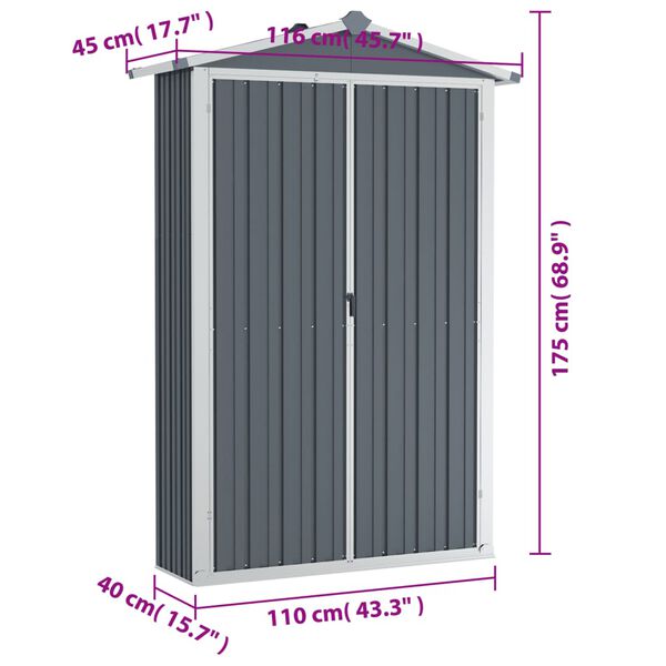 vidaXL Αποθήκη Κήπου Γκρι 116x45x175 εκ. από Γαλβανισμένο Ατσάλι