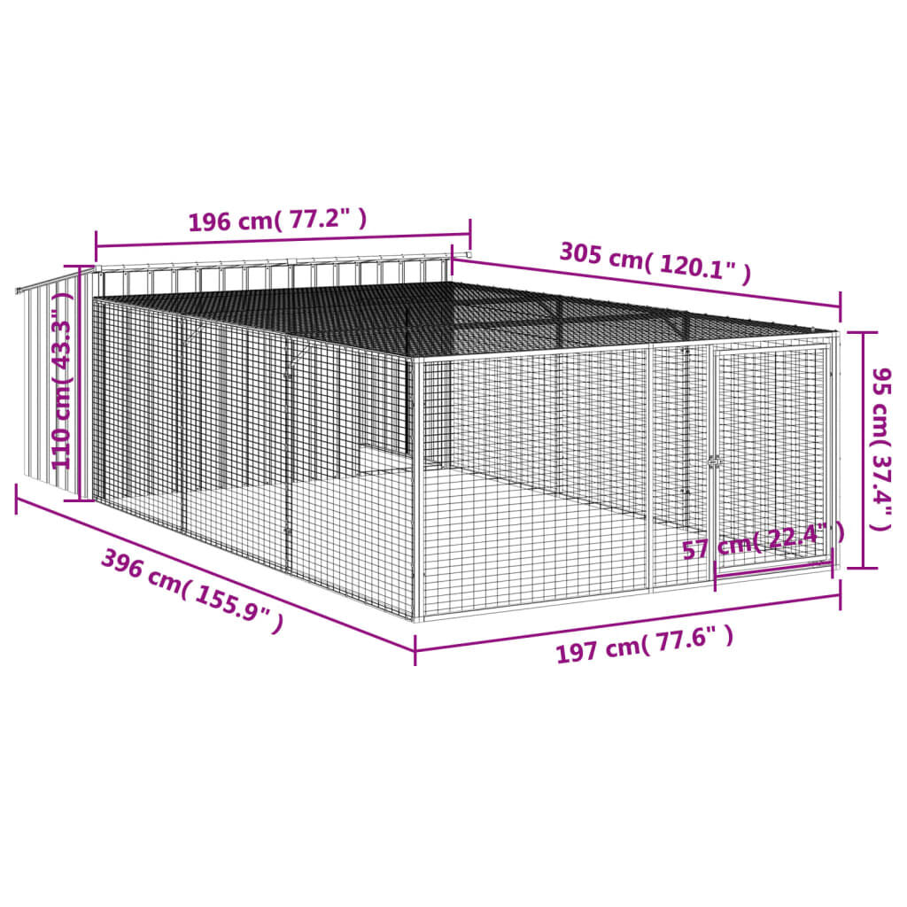 vidaXL Σπιτάκι Σκύλου με Αυλή Ανθρακί 197x396x110 εκ. Γαλβαν. Χάλυβας