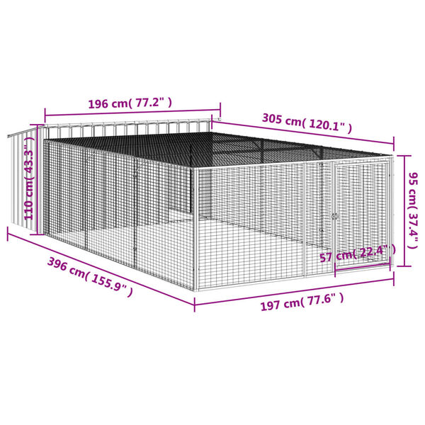 vidaXL Σπιτάκι Σκύλου με Αυλή Ανθρακί 197x396x110 εκ. Γαλβαν. Χάλυβας