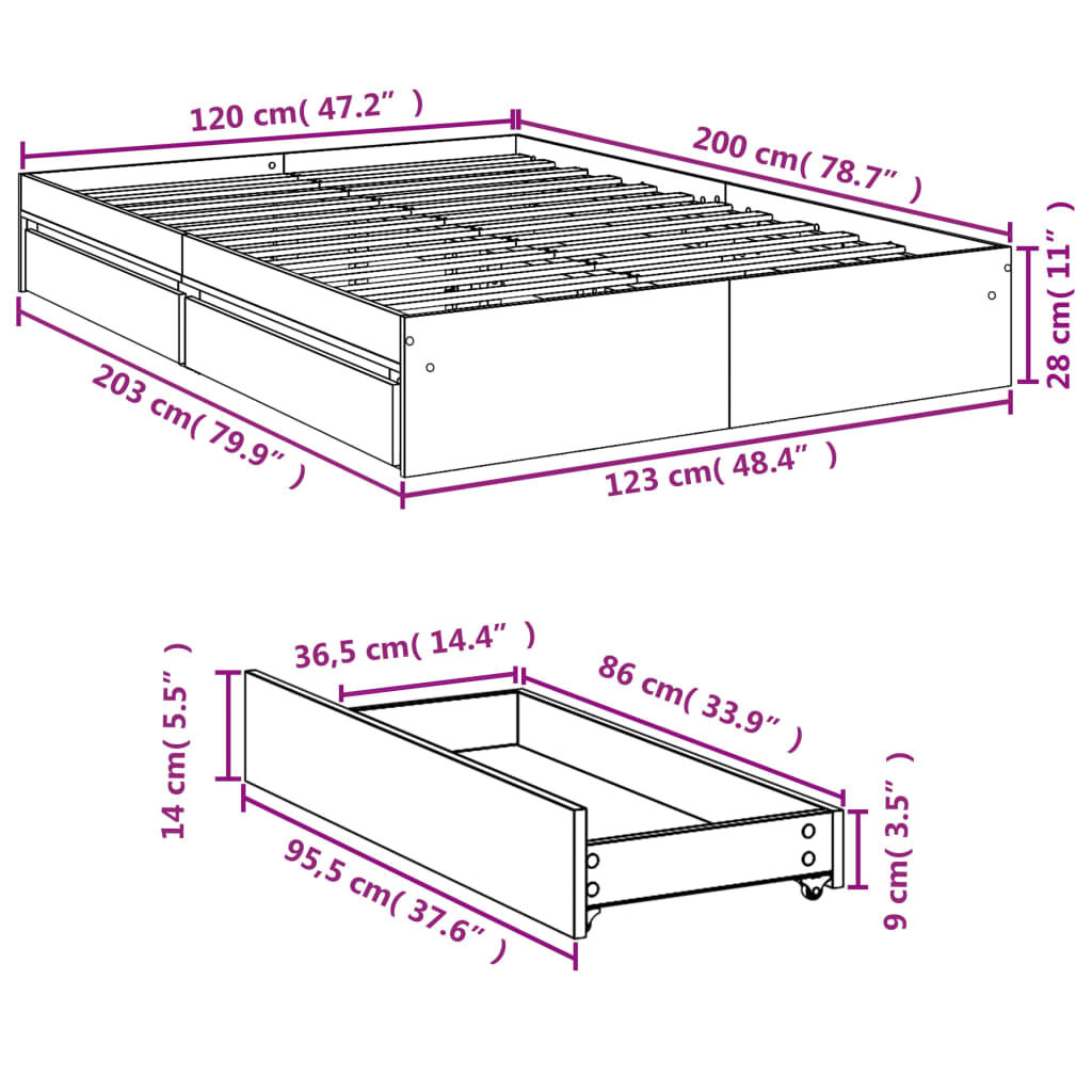 vidaXL Πλαίσιο Κρεβατιού με συρτάρια Καφέ δρυς 120x200 εκ. Επεξ. Ξύλο