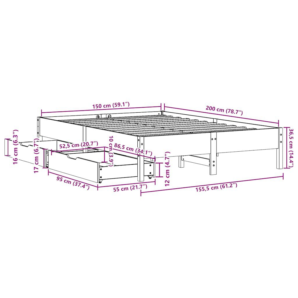 vidaXL Σκελετός Κρεβατιού Χωρίς Στρώμα 150x200 εκ Μασίφ Ξύλο Πεύκου