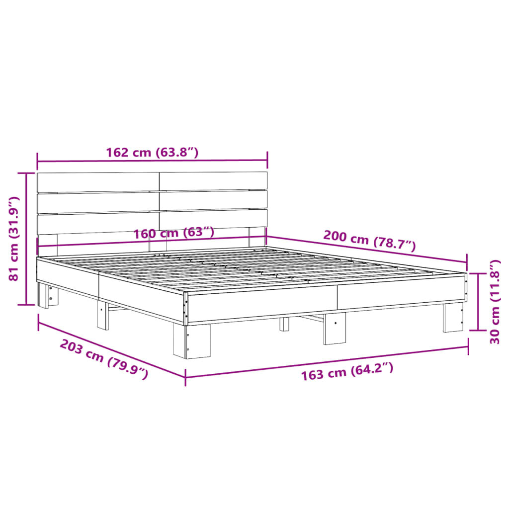 vidaXL Πλαίσιο Κρεβατιού Μαύρο 160 x 200 εκ. Επεξ. Ξύλο & Μέταλλο