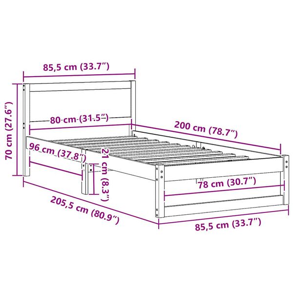 vidaXL Σκελετός Κρεβατιού Καφέ 80 x 200 cm Μασίφ ξύλο πεύκου