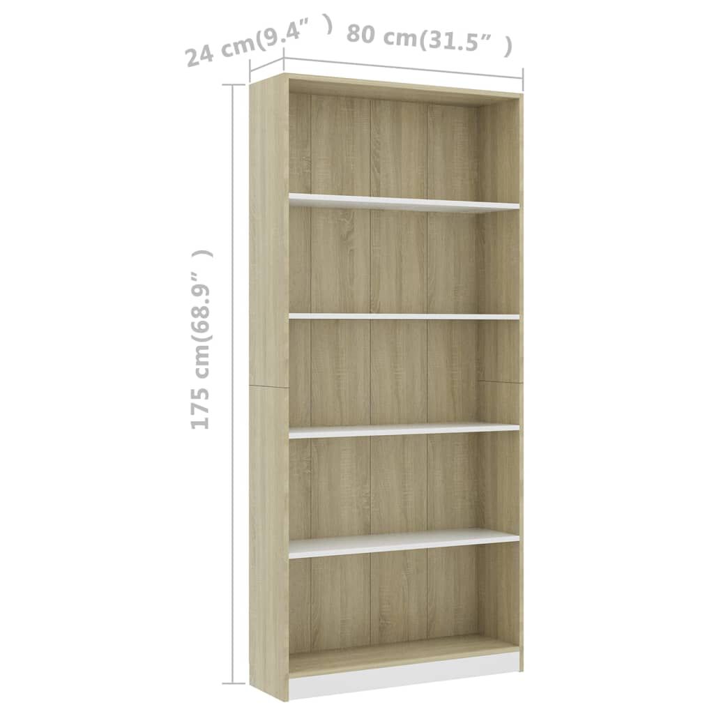 vidaXL Βιβλιοθήκη με 5 Ράφια Λευκό/Sonoma 80x24x175 εκ. Επεξ. Ξύλο