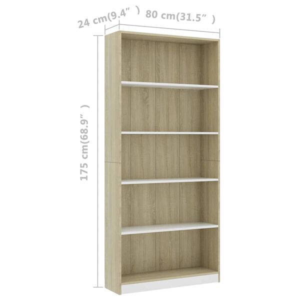 vidaXL Βιβλιοθήκη με 5 Ράφια Λευκό/Sonoma 80x24x175 εκ. Επεξ. Ξύλο