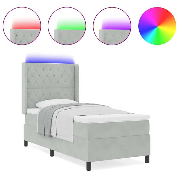 vidaXL Κρεβάτι Box Spring LED με Στρώμα Ανοιχτό γκρι 90 x 190 cm