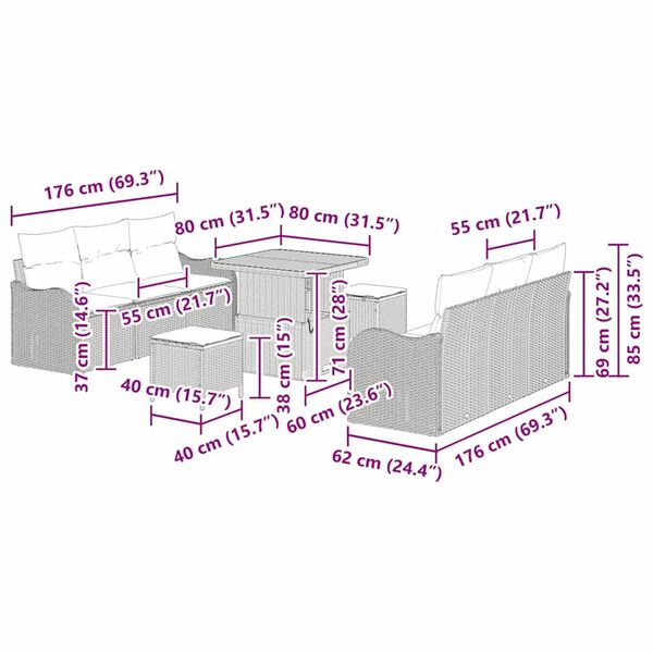 vidaXL Σετ Καναπέ Κήπου 9 pcs Γκρι συνθετικό ρατάν