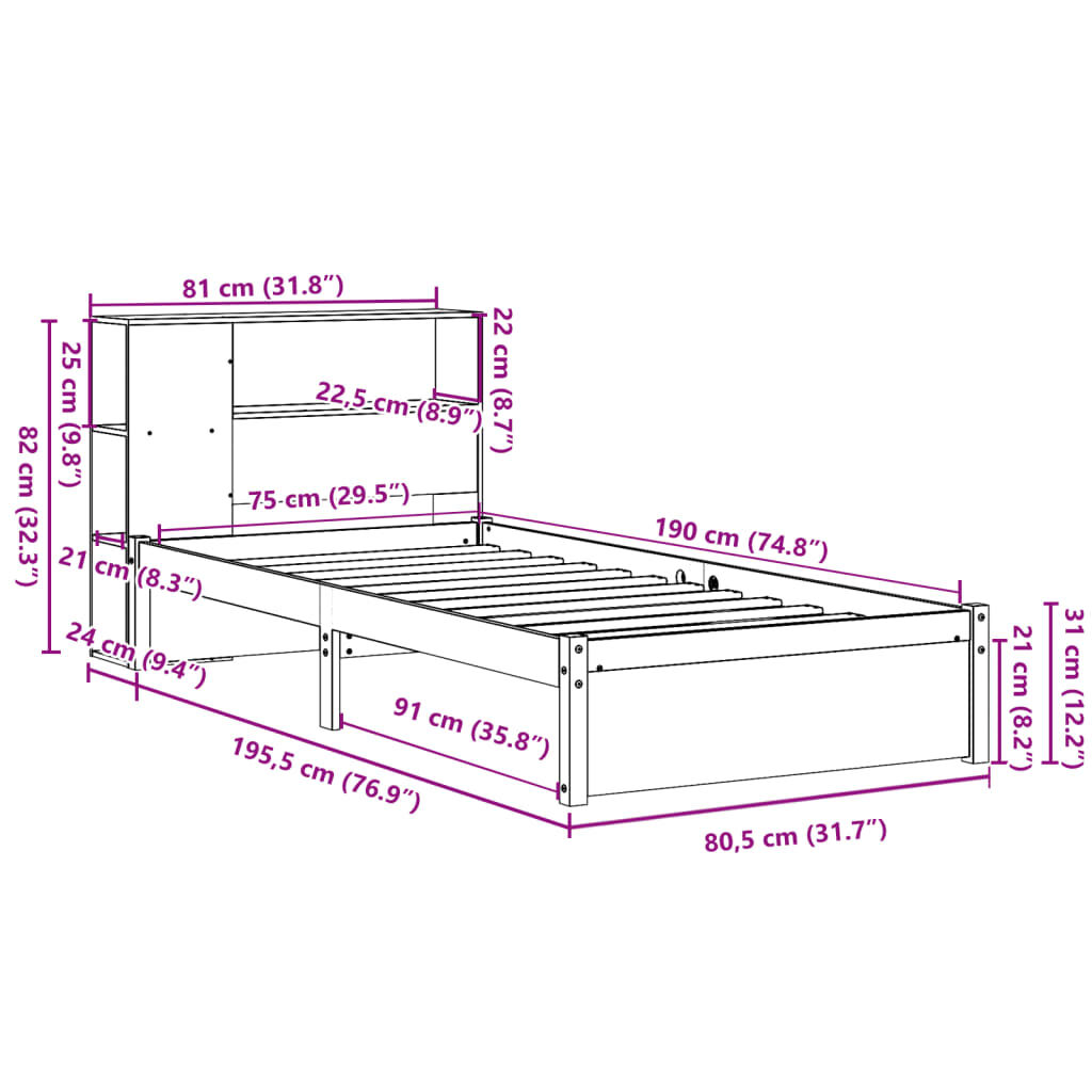 vidaXL Κρεβάτι Βιβλιοθήκη Χωρίς Στρώμα Λευκό 75x190 εκ Μασίφ Πεύκο