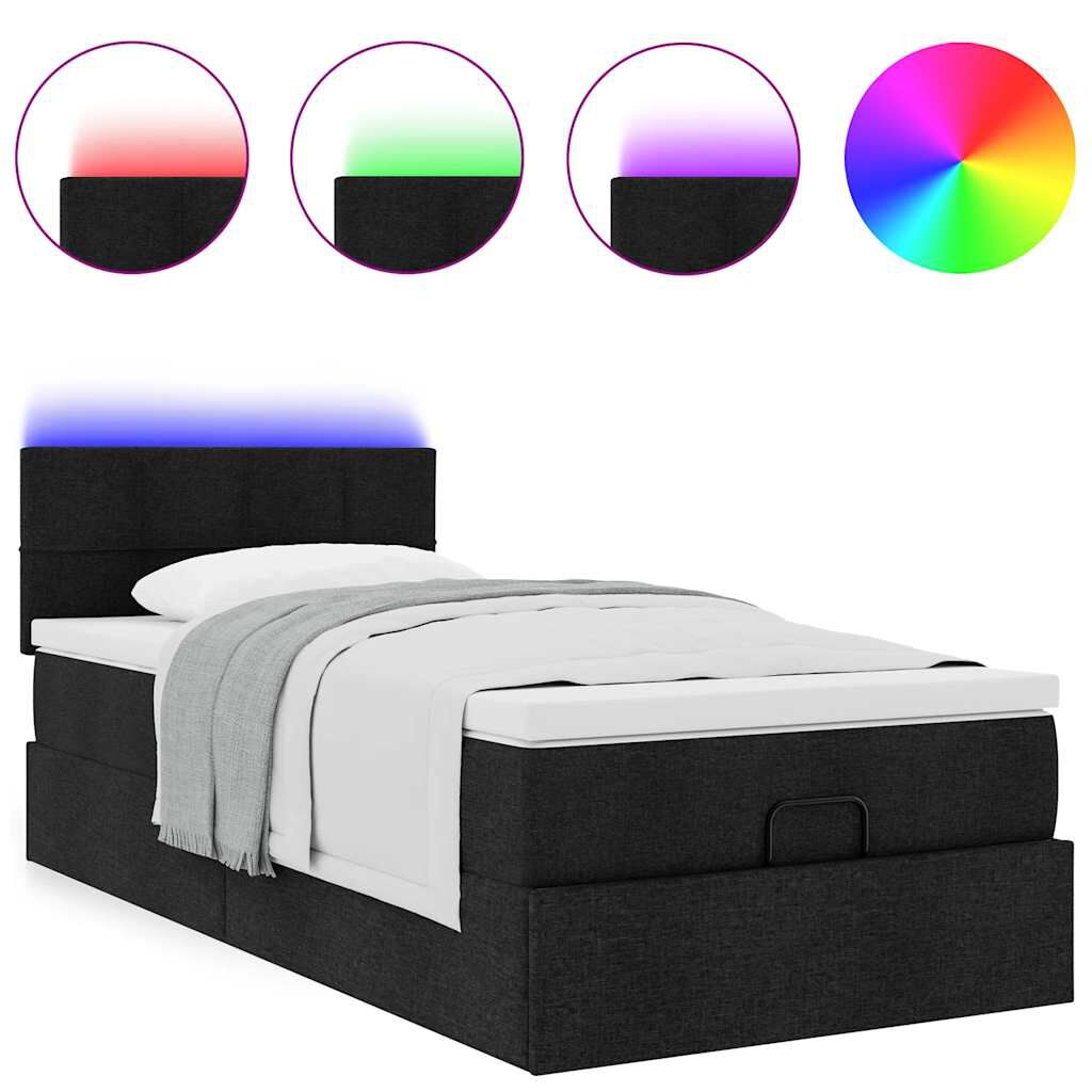 vidaXL Οθωμανικό κρεβάτι με στρώμα & LEDs Μαύρο 100x200 cm Ύφασμα