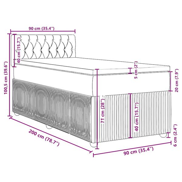 vidaXL Κρεβάτι Boxspring με Στρώμα Ανοιχτό Γκρι 90x200 εκ. Βελούδινο