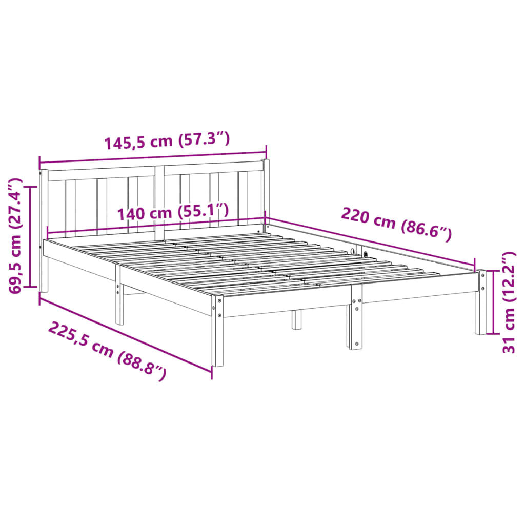 vidaXL Πλαίσιο Κρεβατιού Μακρύ Χωρίς Στρώμα 140x220 εκ Μασίφ Πεύκο