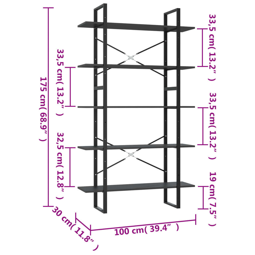 vidaXL Βιβλιοθήκη με 5 Ράφια Γκρι 100 x 30 x 175 εκ. από Επεξ. Ξύλο