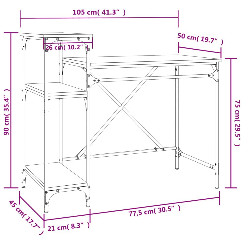 vidaXL Γραφείο με Ράφια Γκρι Sonoma 105x50x90 εκ. Επεξ. Ξύλο/Σίδηρος