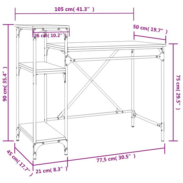 vidaXL Γραφείο με Ράφια Γκρι Sonoma 105x50x90 εκ. Επεξ. Ξύλο/Σίδηρος