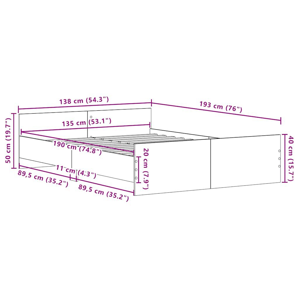 vidaXL Πλαίσιο κρεβατιού χωρίς στρώμα 135x190 εκ. Επεξεργασμένο Ξύλο