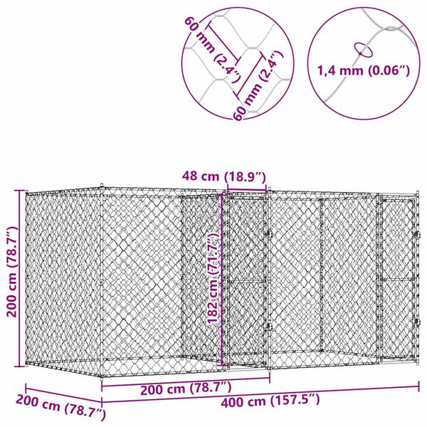vidaXL Κλουβί σκύλου Ασημί 400 x 200 x 200 εκ. Επικαλυμμένος Χάλυβας