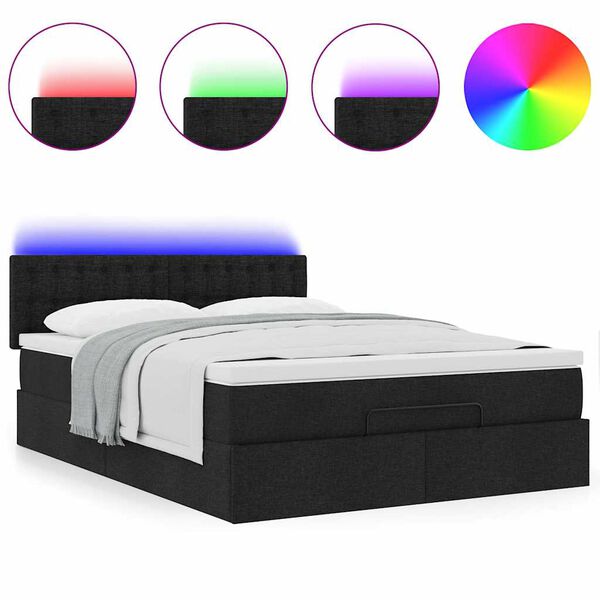 vidaXL Οθωμανικό κρεβάτι με στρώμα & LEDs Μαύρο 140x190 cm Ύφασμα