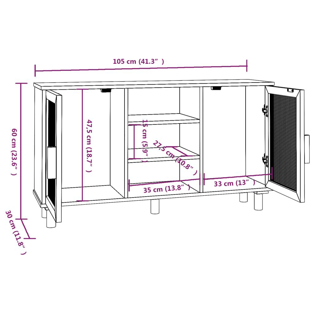 vidaXL Μπουφές Λευκός 105 x 30 x 60 εκ. Μασίφ Πεύκο & Φυσικό Ρατάν