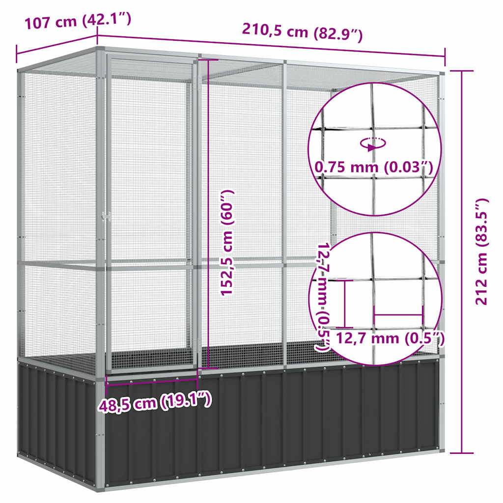 vidaXL Κλουβί Ασημένιο 210,5 x 107 x 212 εκ. Ατσάλινο
