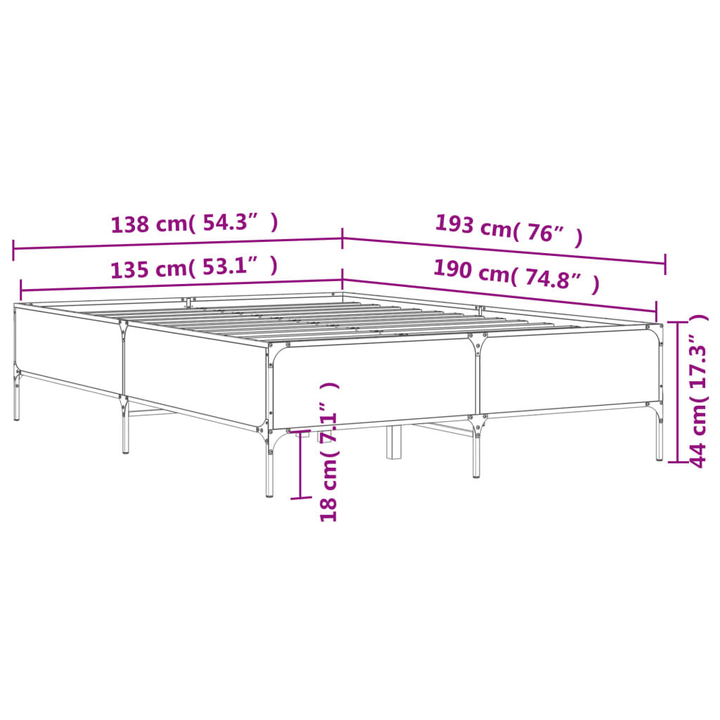 vidaXL Πλαίσιο Κρεβατιού Μαύρο 135x190 εκ. Επεξ. Ξύλο & Μέταλλο