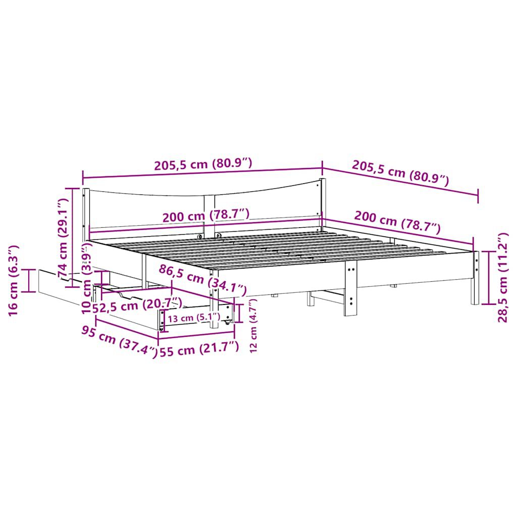 vidaXL Πλαίσιο Κρεβατιού Συρτάρια Λευκό 200x200 εκ. Μασίφ Ξύλο Πεύκου