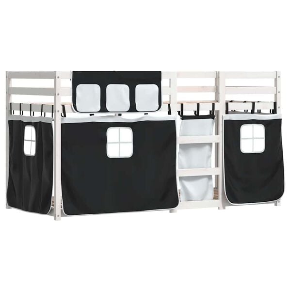 vidaXL Κουκέτα με Κουρτίνες Λευκό/Μαύρο 90x190 εκ. Μασίφ Ξύλο Πεύκου