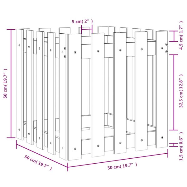 vidaXL Ζαρντινιέρα με Σχέδιο Φράχτη 50 x 50 x 50 εκ. Μασίφ Ξύλο Πεύκου