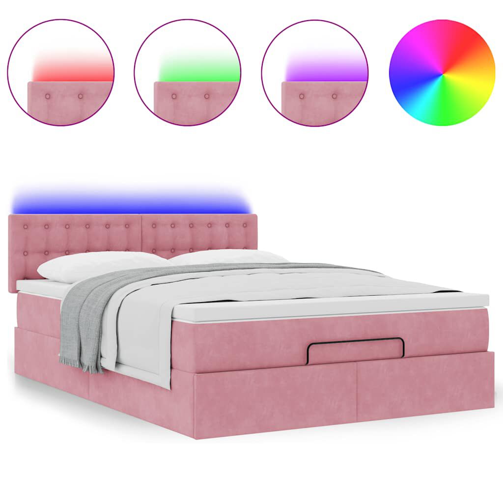 vidaXL Οθωμανικό κρεβάτι με στρώμα & LEDs Ροζ 140x190cm Velvet