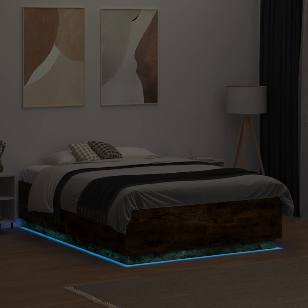 vidaXL Πλαίσιο Κρεβατιού με LED Καπνιστή δρυς120x190εκ.Επεξ. Ξύλο