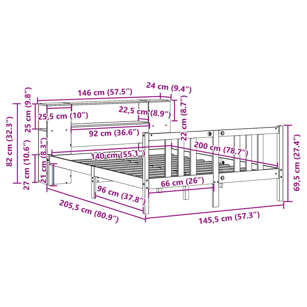 vidaXL Κρεβάτι Βιβλιοθήκη Χωρίς Στρώμα 140x200 εκ Μασίφ Ξύλο Πεύκο