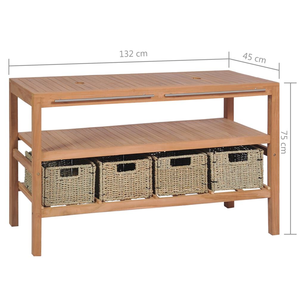 vidaXL Έπιπλο Μπάνιου 132x45x75 εκ. από Μασίφ Ξύλο Teak με 4 Καλάθια