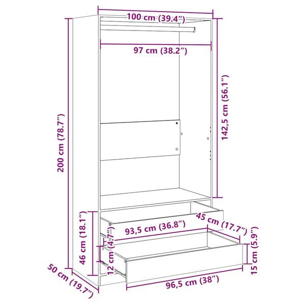 vidaXL Ντουλάπα Γκρι του Σκυροδέματος 100 x 50 x 200 εκ. Επεξ. Ξύλο