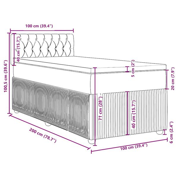 vidaXL Κρεβάτι Boxspring με Στρώμα Σκούρο Γκρι 100x200 εκ. Βελούδινο