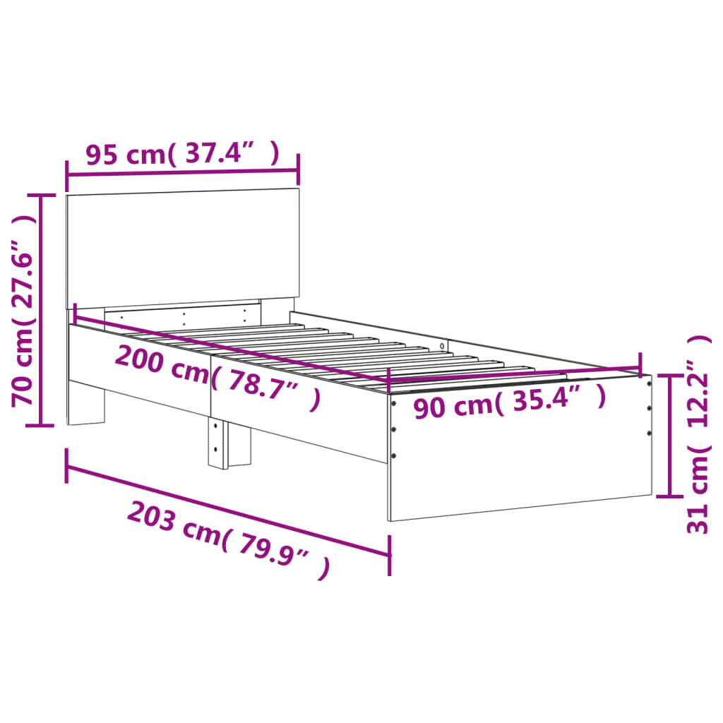 vidaXL Πλαίσιο Κρεβατιού με Κεφαλάρι και LED Γκρι sonoma 90 x 200 εκ.