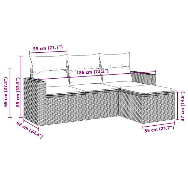 vidaXL Σαλόνι Κήπου Σετ 4 Τεμαχίων Γκρι Συνθετικό Ρατάν με Μαξιλάρια