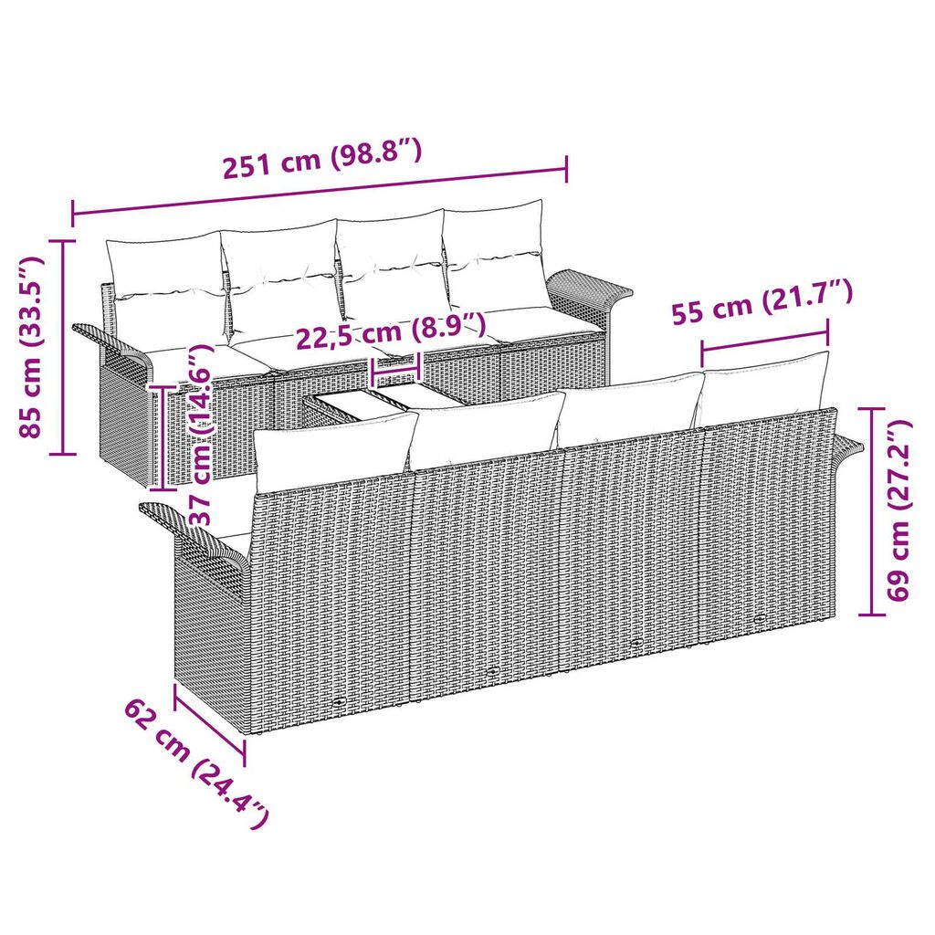 vidaXL Σετ Καναπέ Κήπου 9 pcs Ανοιχτό γκρι Πολυ ράταν