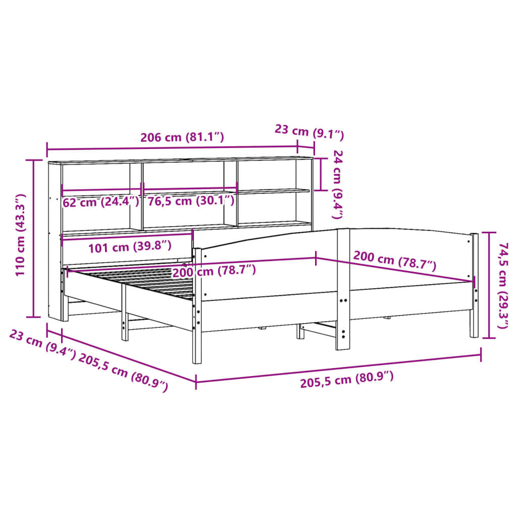 vidaXL Κρεβάτι Βιβλιοθήκη Χωρίς Στρώμα 200x200 εκ Μασίφ Ξύλο Πεύκου